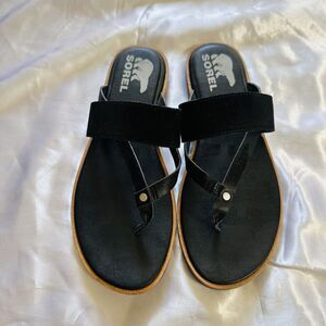 Sorel Ella II Easy Sandals Black Women’s Thong FlipFlops SZ 8.5 Leather Comfort